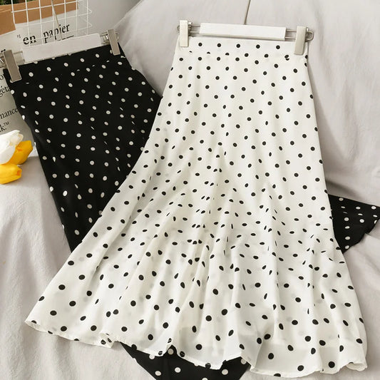 2022 Spring Summer New Women Chic Skirt Stylish White And Black Polka Dot Print High Waist Casual Chiffon Skirt