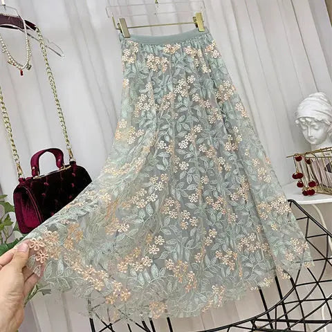 Vintage Embroidery Tulle Skirt Women Spring Flower Elastic High Waist lace Midi Skirt Korean Style Elegant A-line Mujer Falda